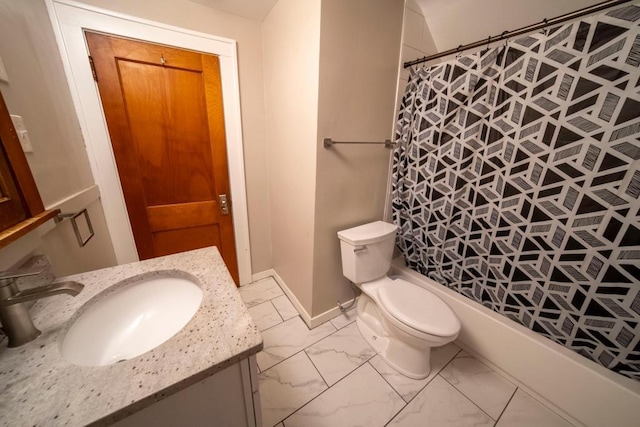 full bathroom featuring vanity, shower / bath combination with curtain, and toilet