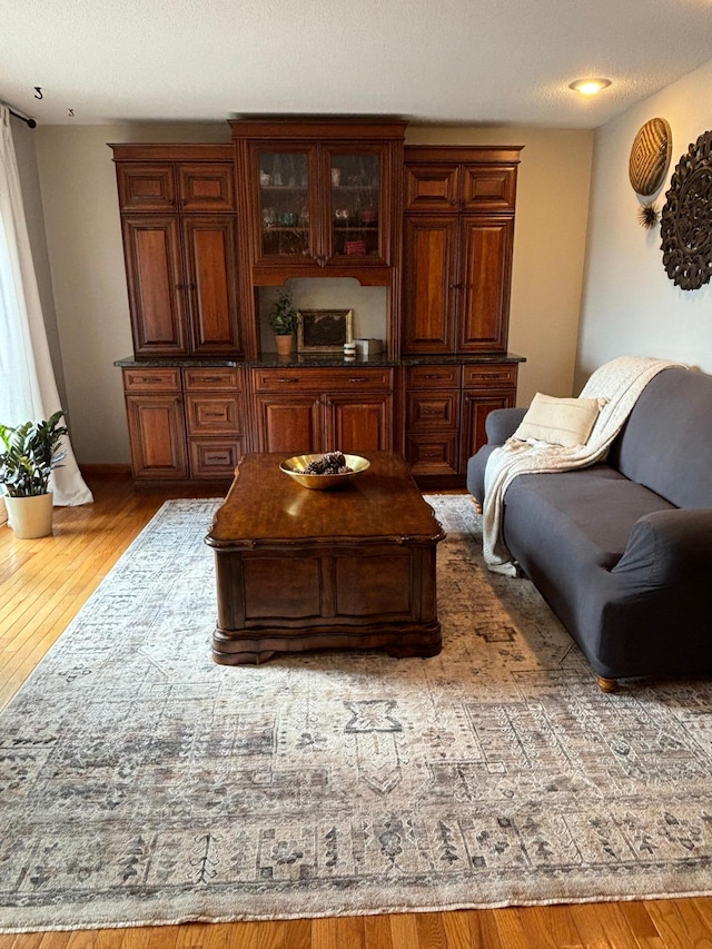 living room featuring a textured ceiling and hardwood / wood-style floors