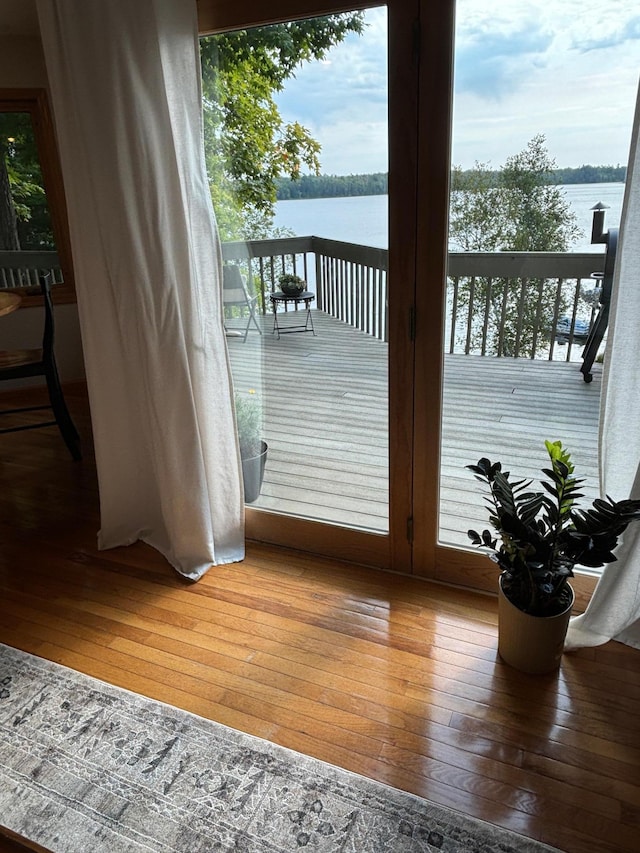 doorway to outside featuring a water view, hardwood / wood-style flooring, and plenty of natural light