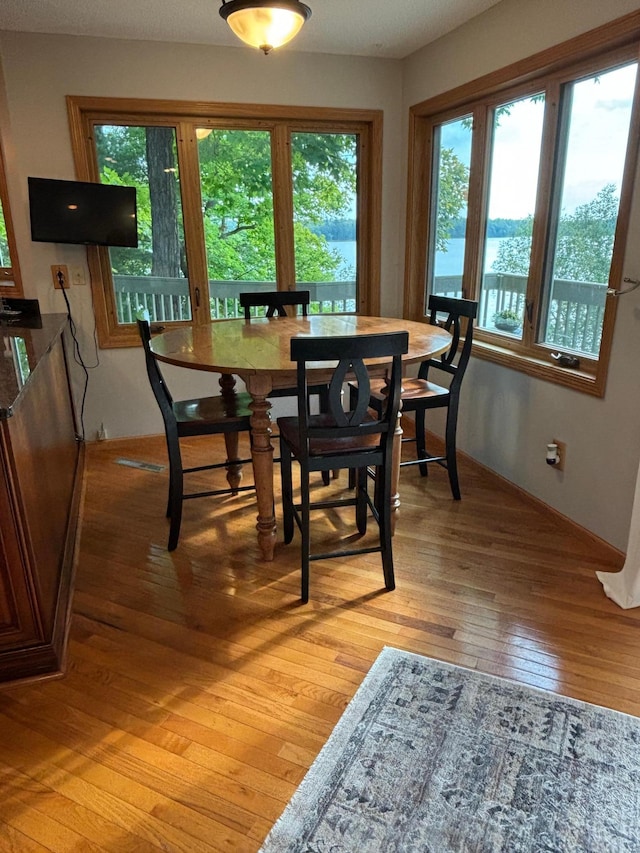 dining space featuring wood-type flooring