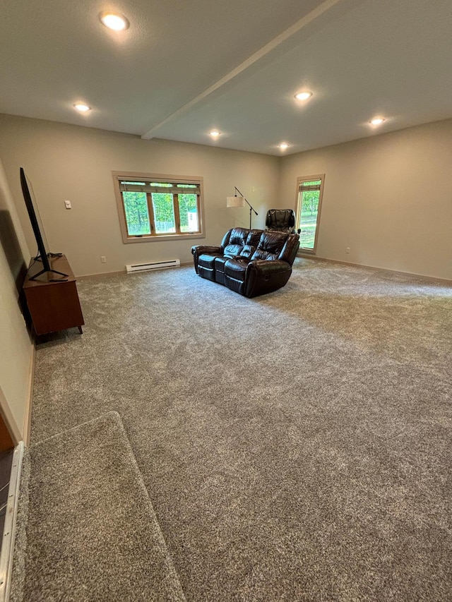 carpeted living room featuring baseboard heating