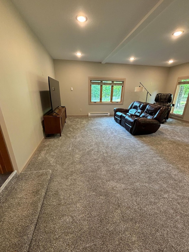 carpeted living room featuring a wealth of natural light and a baseboard heating unit