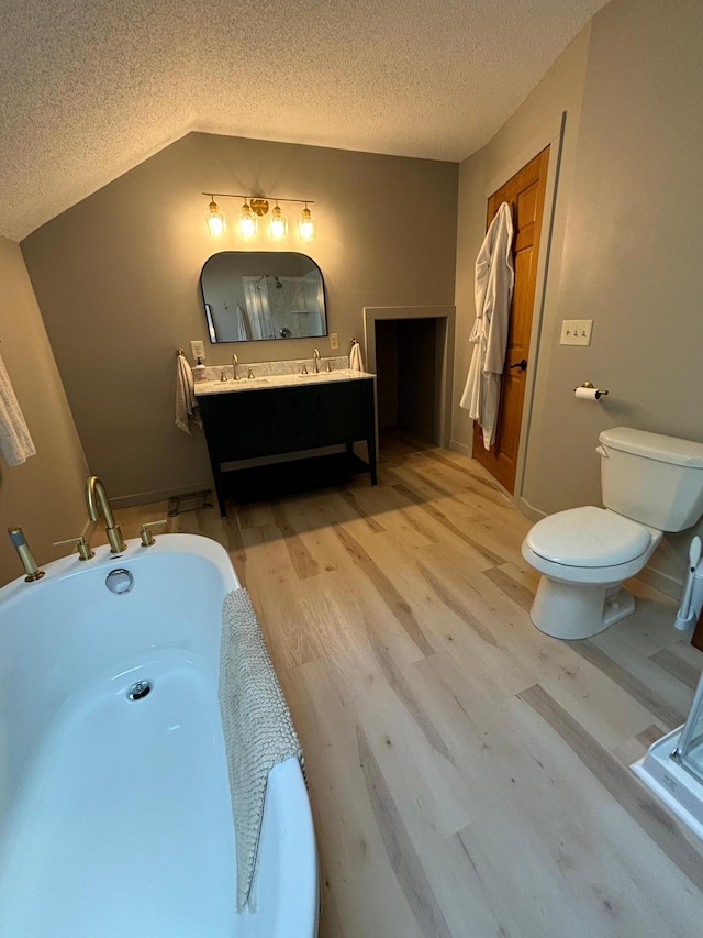 bathroom featuring toilet, vanity, a textured ceiling, a washtub, and wood-type flooring