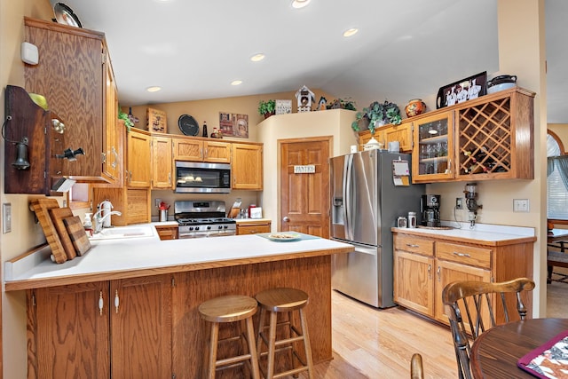 kitchen with light hardwood / wood-style flooring, vaulted ceiling, stainless steel appliances, sink, and kitchen peninsula