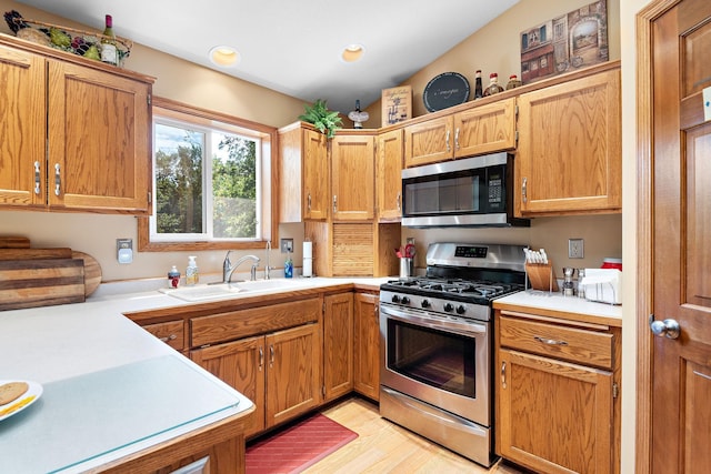 kitchen with appliances with stainless steel finishes, light hardwood / wood-style floors, and sink