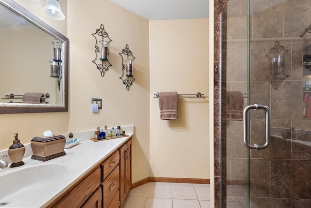 bathroom with tile patterned flooring, vanity, and walk in shower