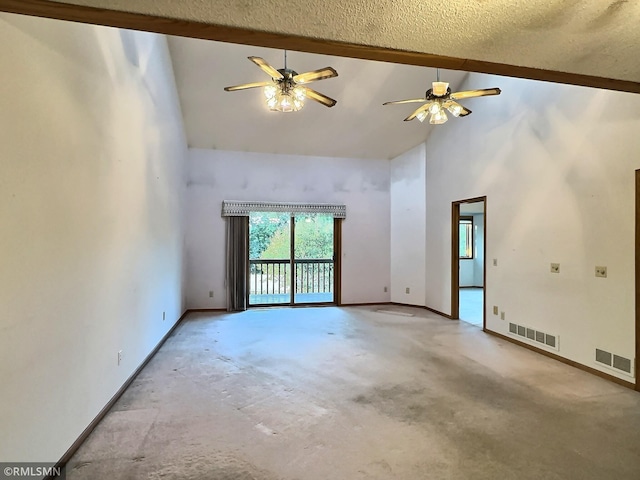 carpeted empty room with ceiling fan, beamed ceiling, high vaulted ceiling, and a textured ceiling