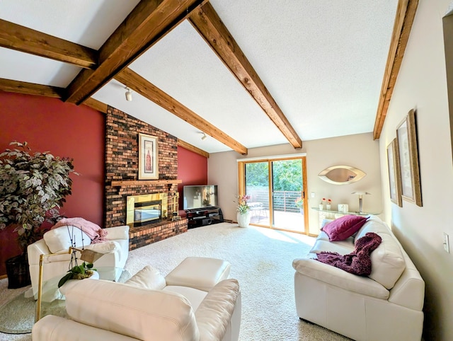 carpeted living room with a brick fireplace and vaulted ceiling with beams