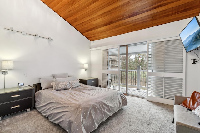 bedroom featuring access to exterior, carpet flooring, vaulted ceiling, and wooden ceiling