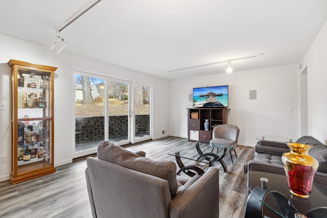 living room with hardwood / wood-style floors and track lighting