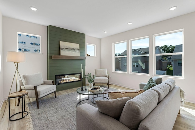 living room featuring a healthy amount of sunlight, a large fireplace, and light hardwood / wood-style floors