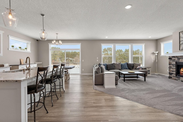 living area featuring light wood finished floors, a stone fireplace, a healthy amount of sunlight, and baseboards