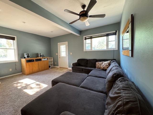 carpeted living room with beamed ceiling and ceiling fan