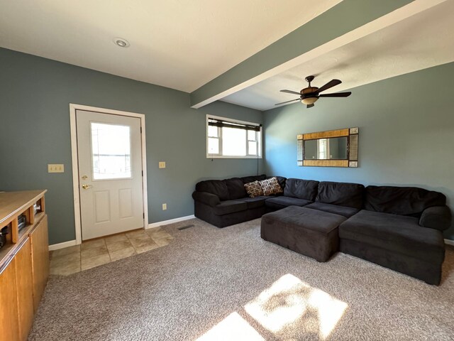 417 Pine St, Saint Peter, MN 56082 - living room with baseboards, visible vents, a ceiling fan, and light colored carpet
