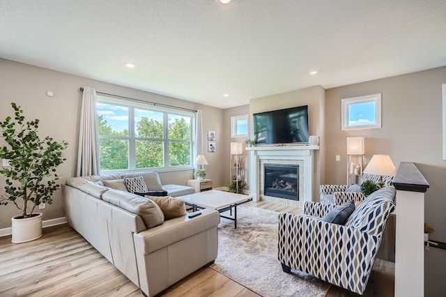 living room featuring a tiled fireplace and hardwood / wood-style flooring