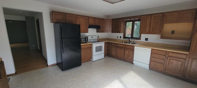 kitchen featuring light hardwood / wood-style floors, white appliances, and sink