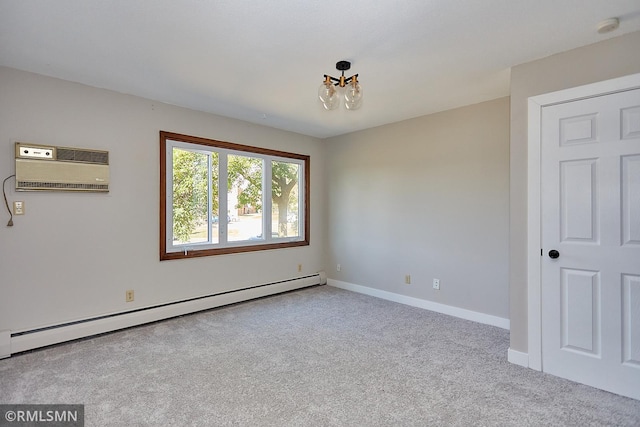 unfurnished room featuring a notable chandelier, a baseboard heating unit, light colored carpet, and a wall mounted air conditioner