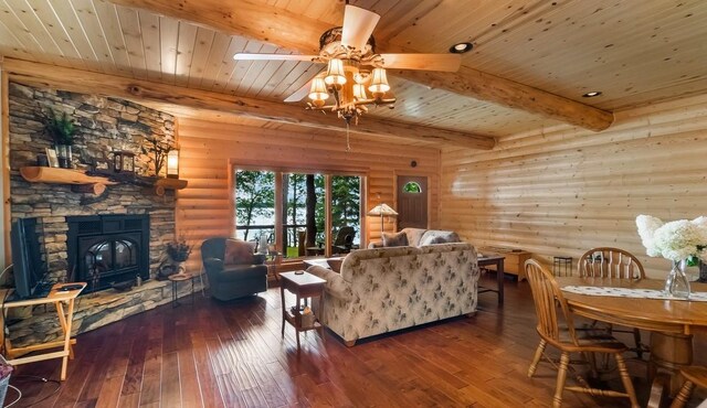 living area with rustic walls, beam ceiling, wood-type flooring, and wood ceiling