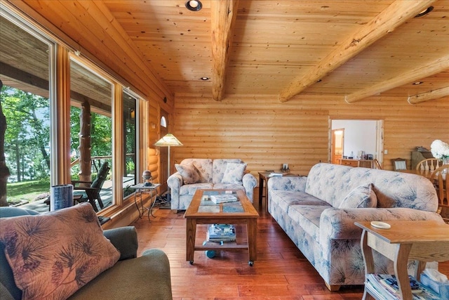 living area with beam ceiling, wooden ceiling, log walls, and wood-type flooring