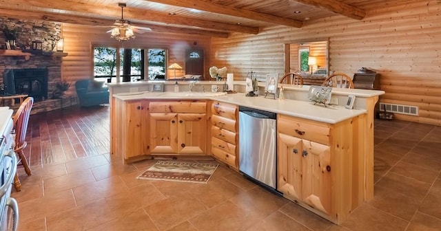 kitchen featuring wood ceiling, log walls, dishwasher, and open floor plan