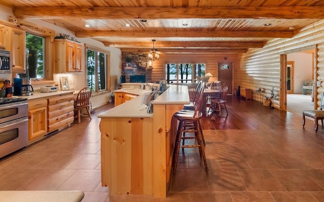 kitchen with appliances with stainless steel finishes, log walls, wooden ceiling, and light countertops