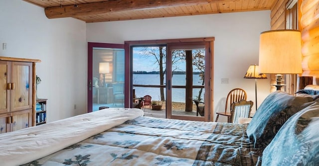 bedroom with beamed ceiling, wood ceiling, and a water view