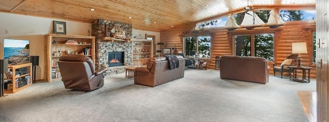 carpeted living area with a stone fireplace, rustic walls, high vaulted ceiling, and wood ceiling