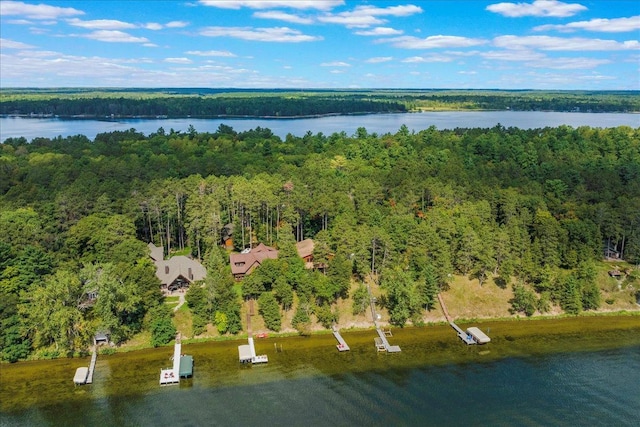 aerial view with a wooded view and a water view