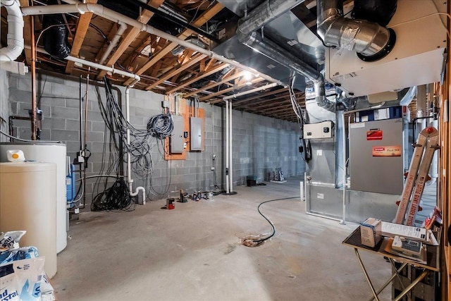 unfinished basement with water heater and electric panel