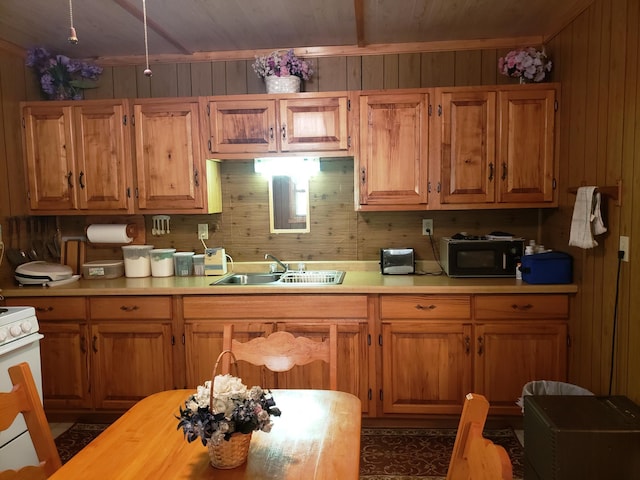 kitchen featuring wood ceiling, wood walls, and sink