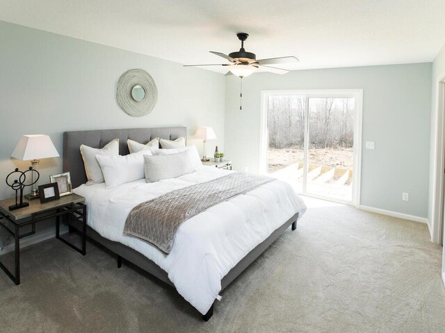 bedroom featuring carpet flooring, ceiling fan, and access to exterior