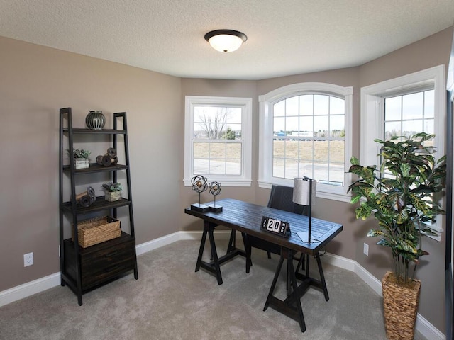 home office featuring a textured ceiling and light colored carpet