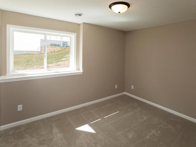 unfurnished room with a textured ceiling and carpet floors