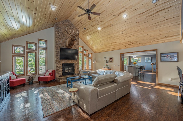 living room with ceiling fan, wood ceiling, high vaulted ceiling, a fireplace, and dark hardwood / wood-style flooring