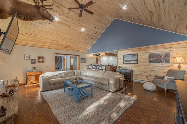 living room featuring ceiling fan, wood ceiling, wooden walls, dark wood-type flooring, and high vaulted ceiling