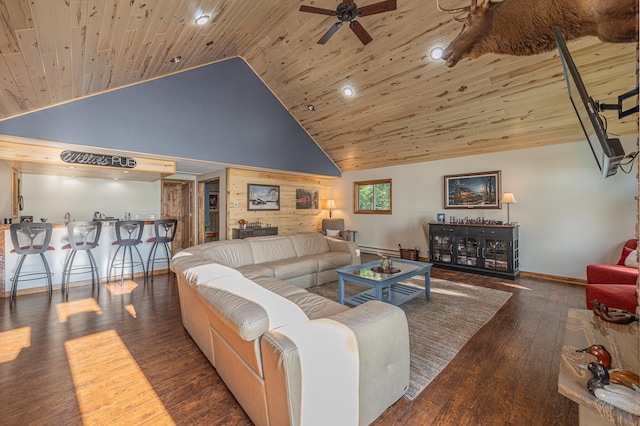 living room featuring wood ceiling, bar area, high vaulted ceiling, dark hardwood / wood-style flooring, and ceiling fan