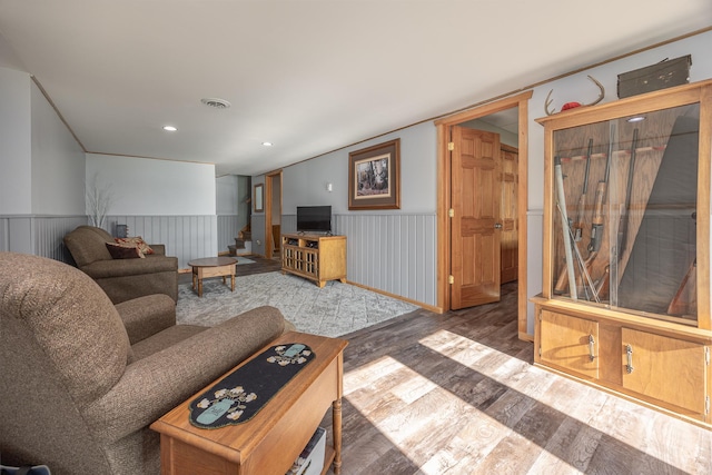 living room with dark wood-type flooring