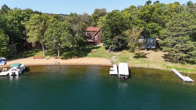 drone / aerial view featuring a water view