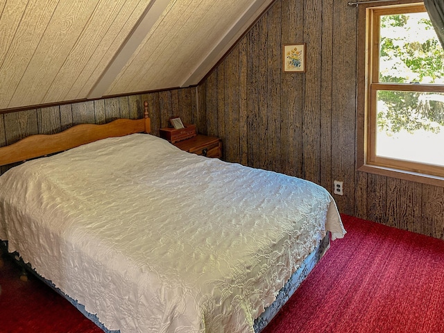 carpeted bedroom with multiple windows, lofted ceiling, and wooden ceiling