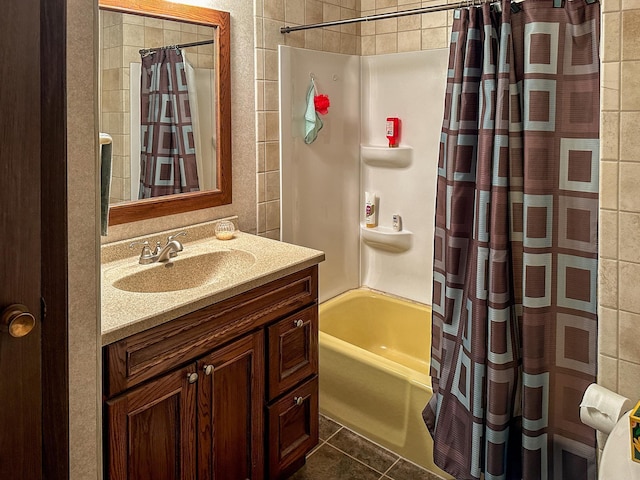 bathroom with vanity, tile patterned floors, and shower / bath combination with curtain