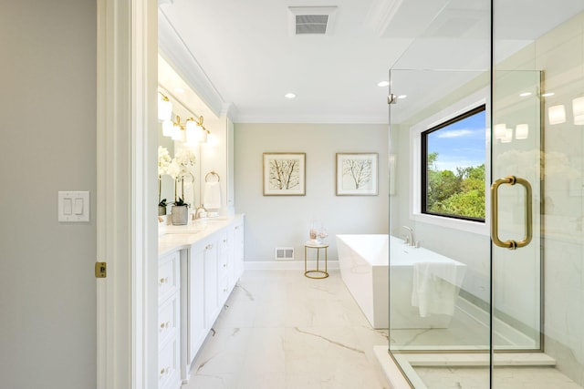 bathroom featuring crown molding, vanity, and shower with separate bathtub