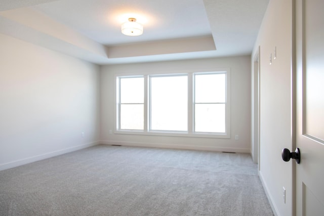 empty room featuring light carpet, baseboards, and a raised ceiling