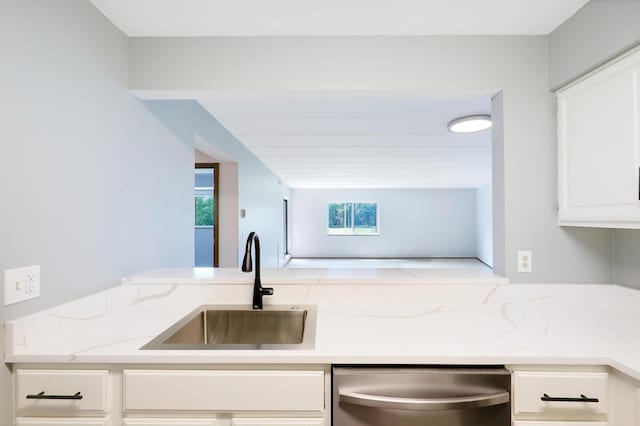 kitchen with dishwasher, sink, and light stone counters