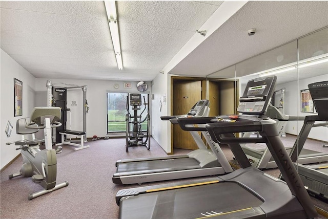 workout area featuring a textured ceiling and carpet flooring