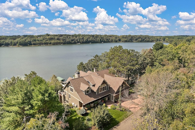 drone / aerial view with a water view