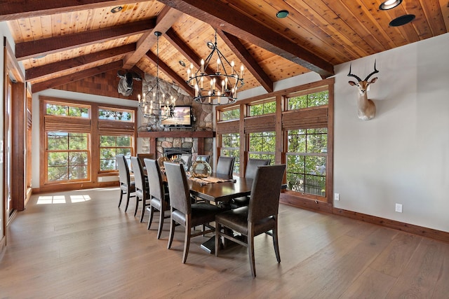 unfurnished dining area with a stone fireplace, wooden ceiling, beamed ceiling, and light wood-type flooring