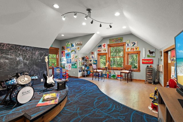 game room with wood-type flooring, lofted ceiling, and a textured ceiling