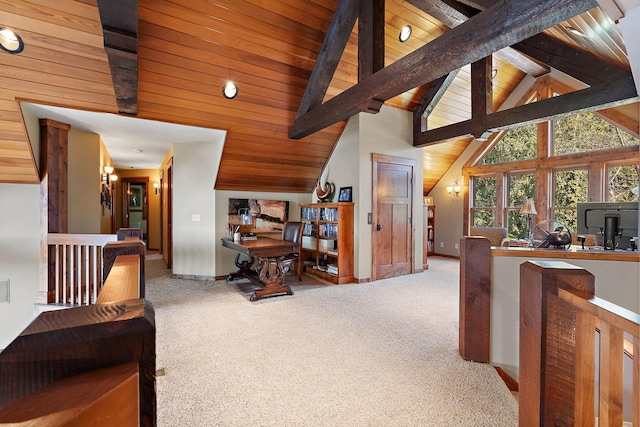 hall with light colored carpet, lofted ceiling with beams, and wooden ceiling