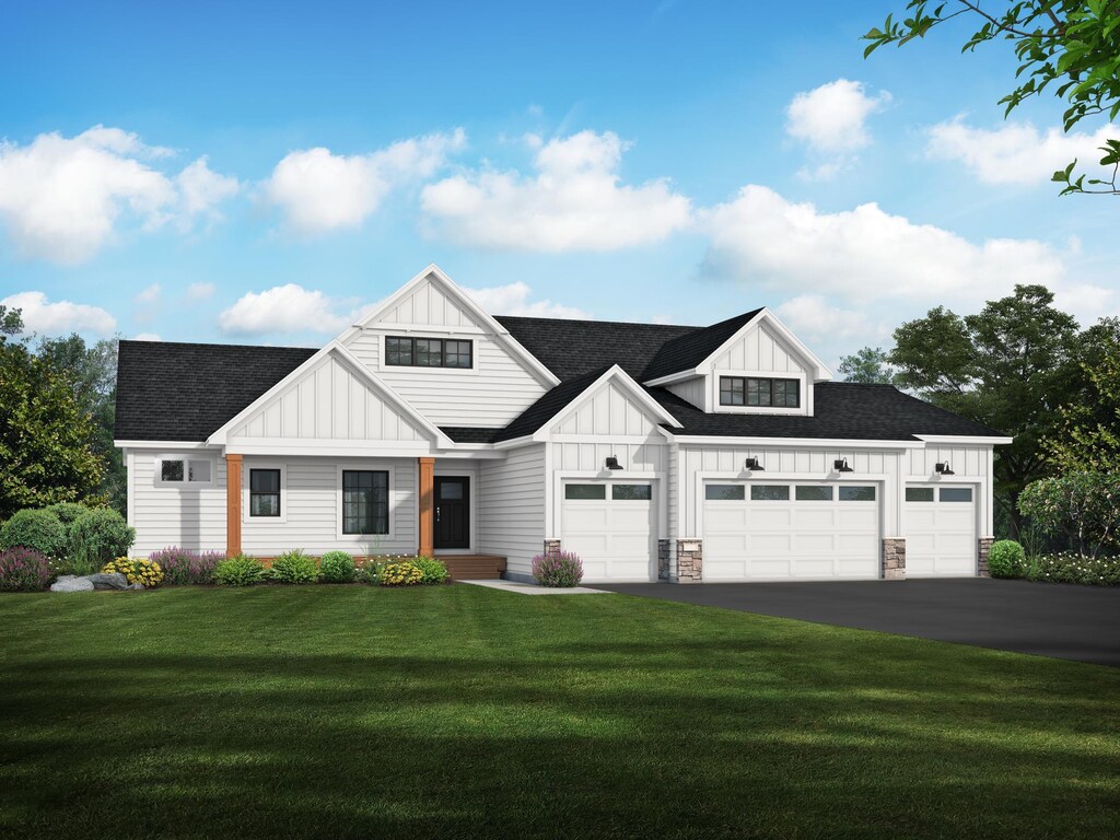 988 Yellowcrest St SW, Delano, MN 55313 - modern farmhouse style home featuring board and batten siding, a front lawn, a garage, driveway, and roof with shingles