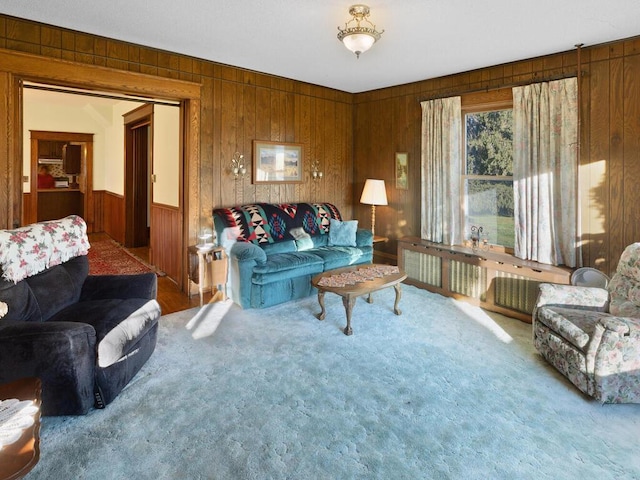 living room featuring wooden walls